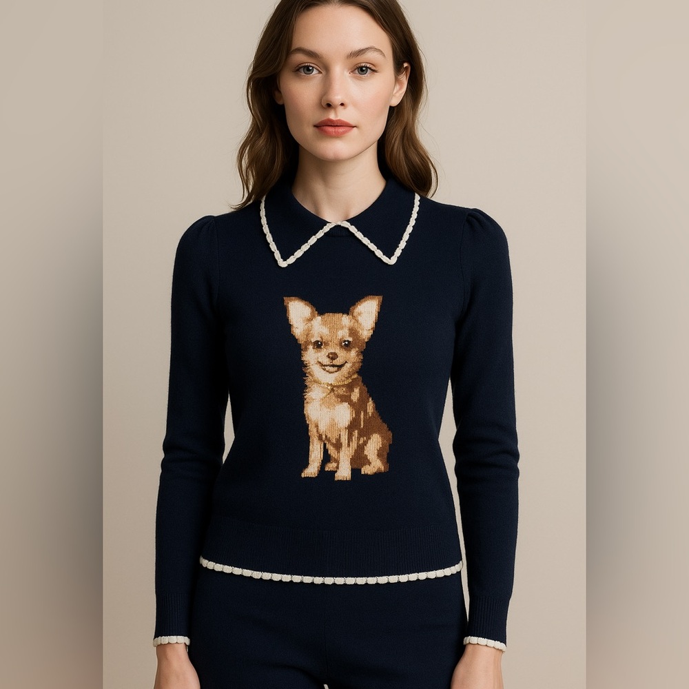1133. Navy Sweater with Dog Design with Gold  chain